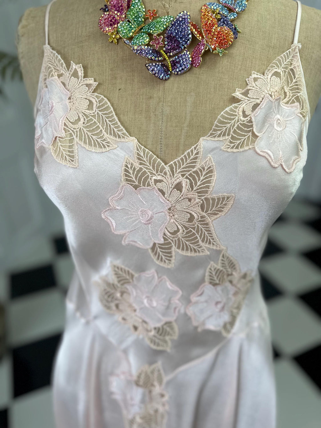 Vintage Pink Mini Silk Slip with Lace - Sexy Front Split with thin Straps