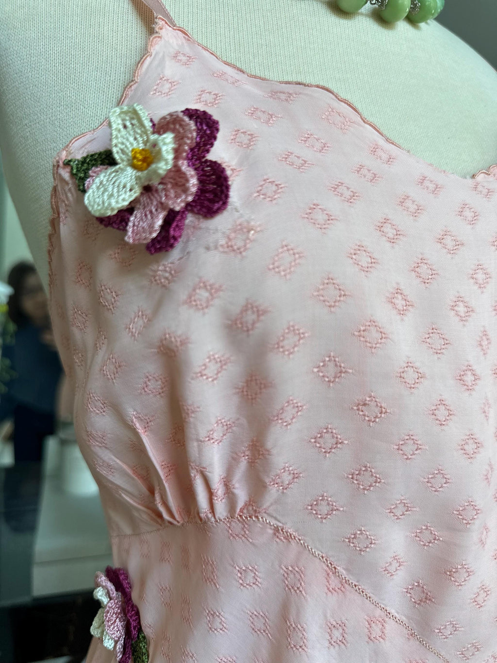 1930s Dreamy Pink Silk Slip Dress – 3D crochet Rosettes