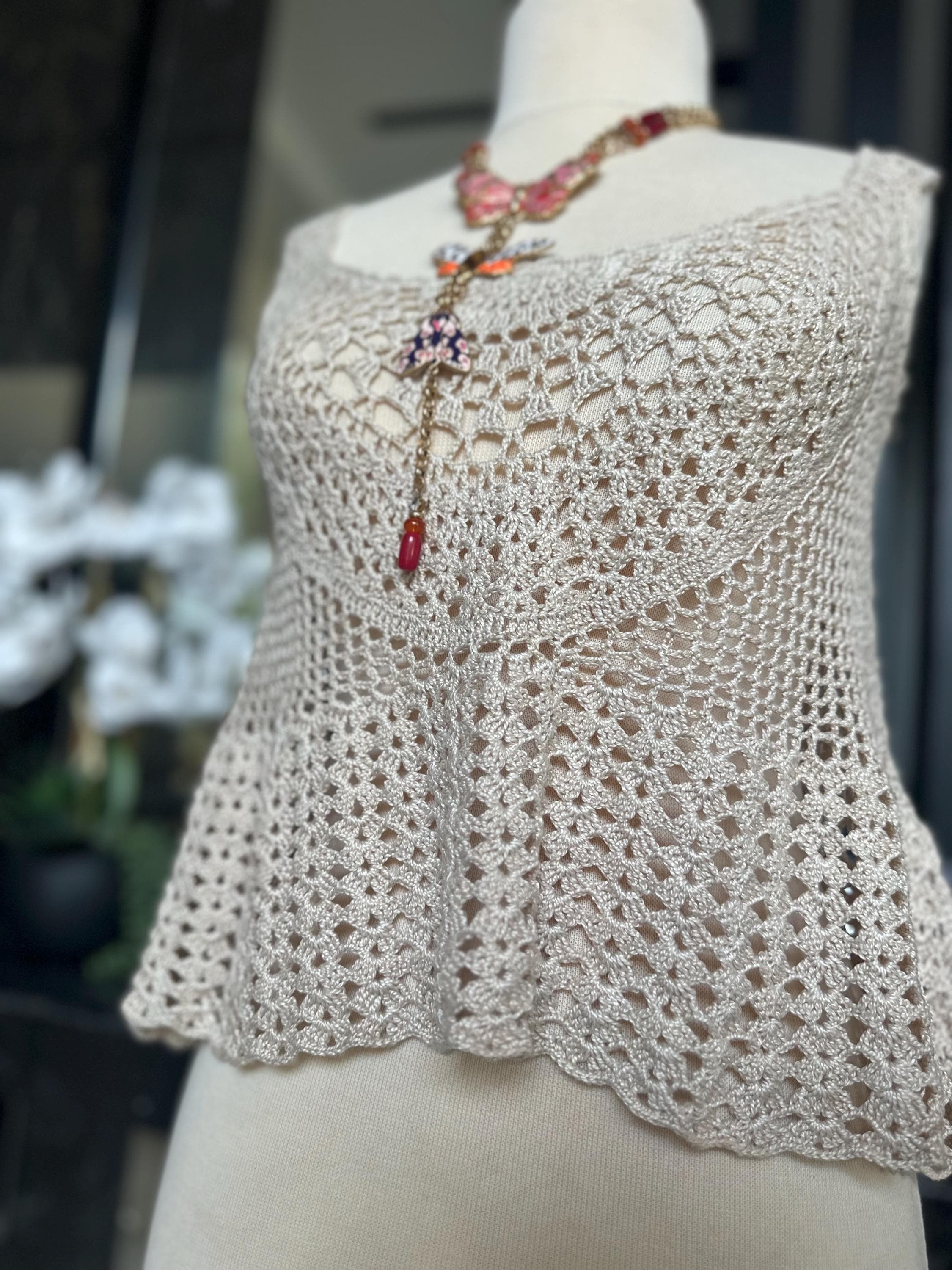 Hand Crocheted Beige Tank Top – Boho Lace Knit Sleeveless Peplum Shirt