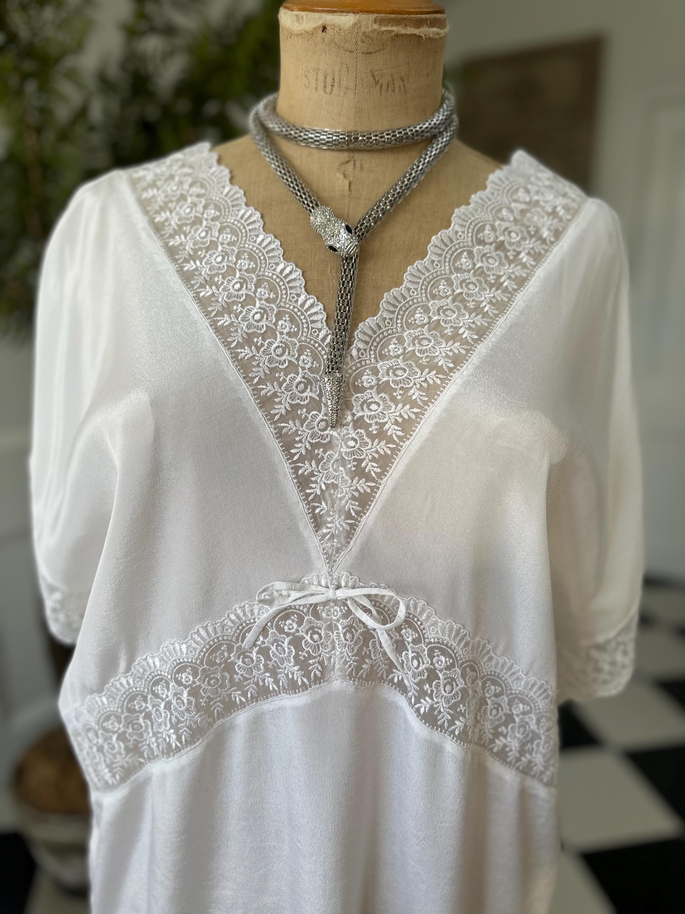 1970s silky white dress with lace trimming