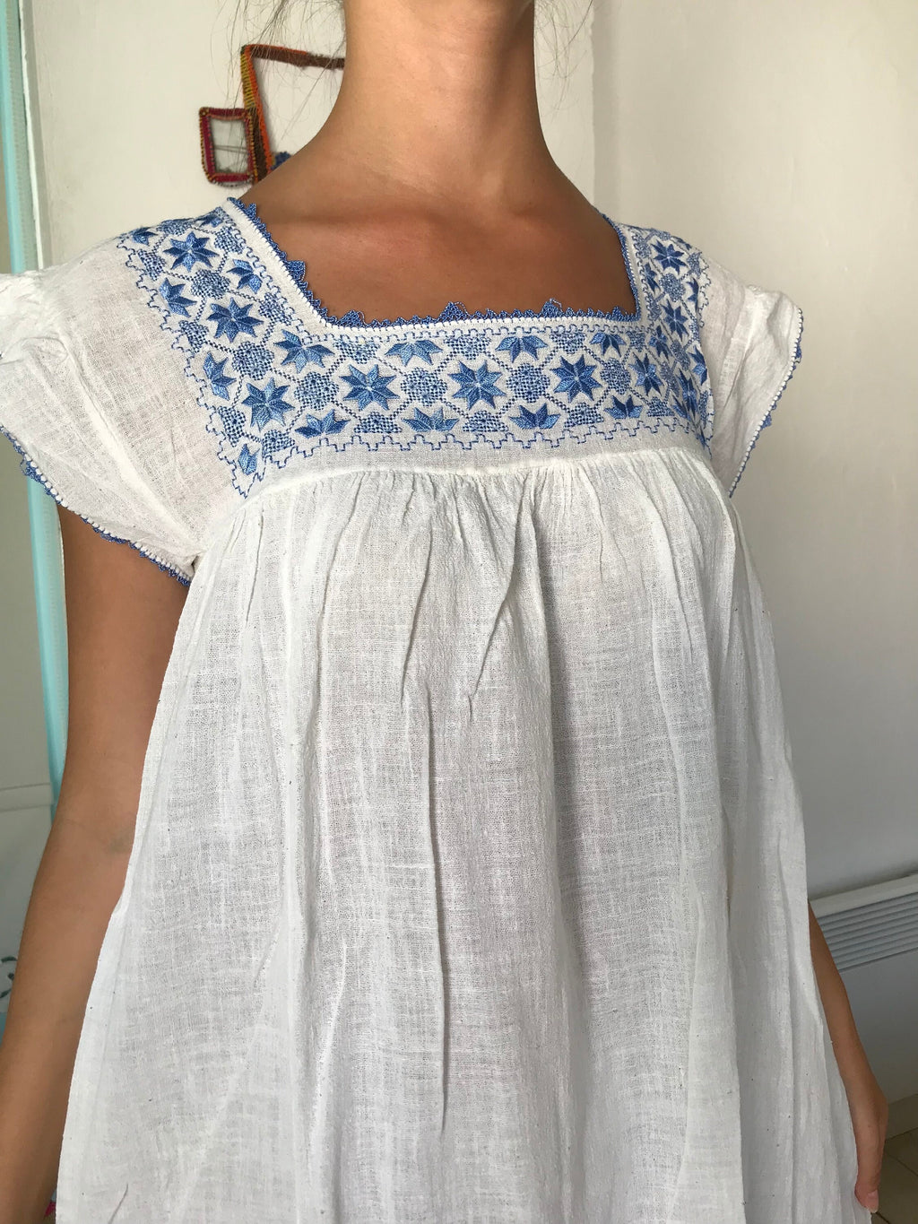 1970s hand loomed muslin dress with hand embroidered smock style