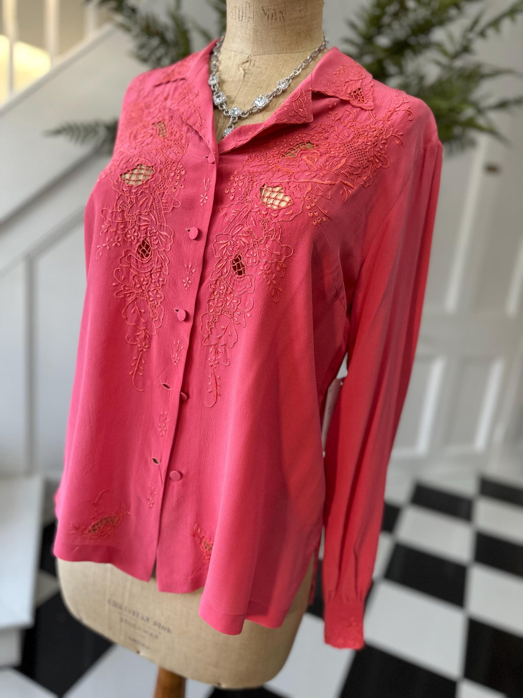 1950s dark pink silk long sleeve blouse with hand embroidery