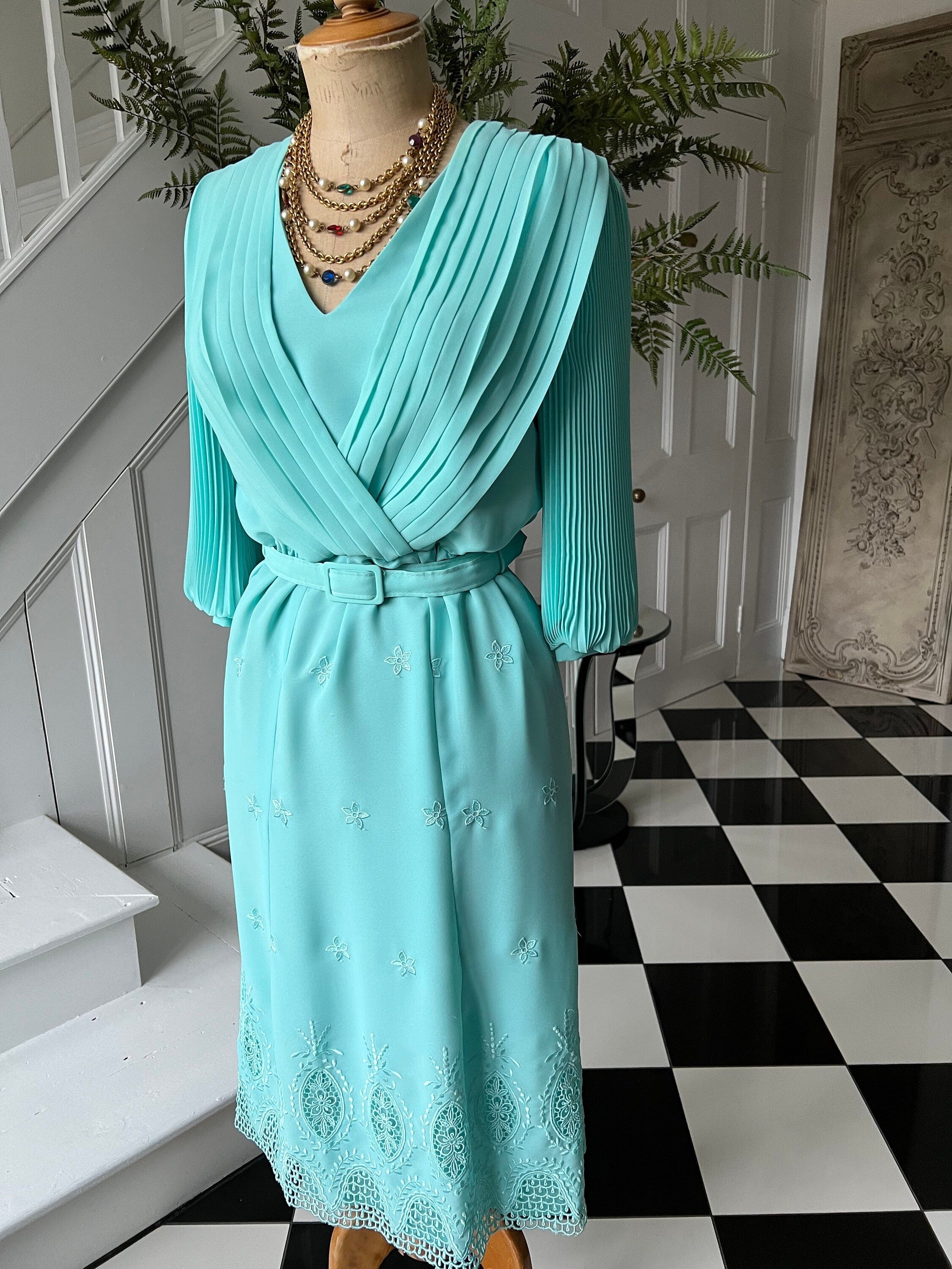 1980s Turquoise Pleated Dress: Vintage Embroidered Hem
