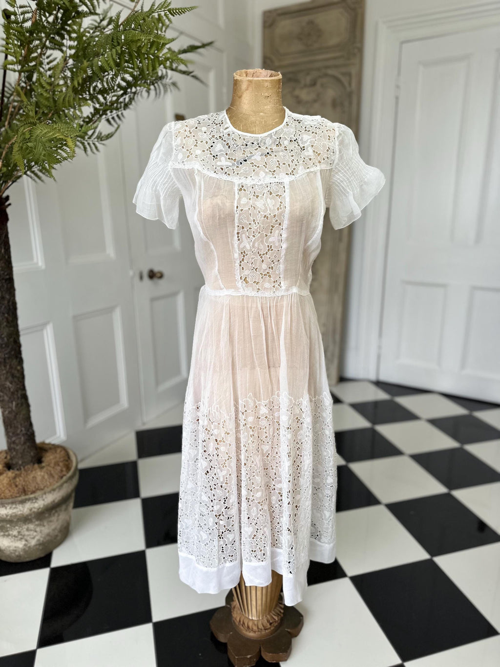 1940s white organdie cutout lace dress