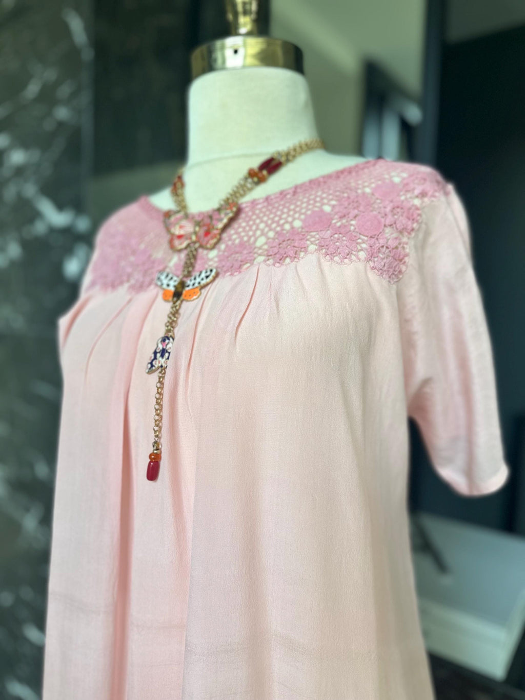 1940s Pink Silk Maxi Dress – Embroidered Crochet Neckline, Flutter Sleeve Gown