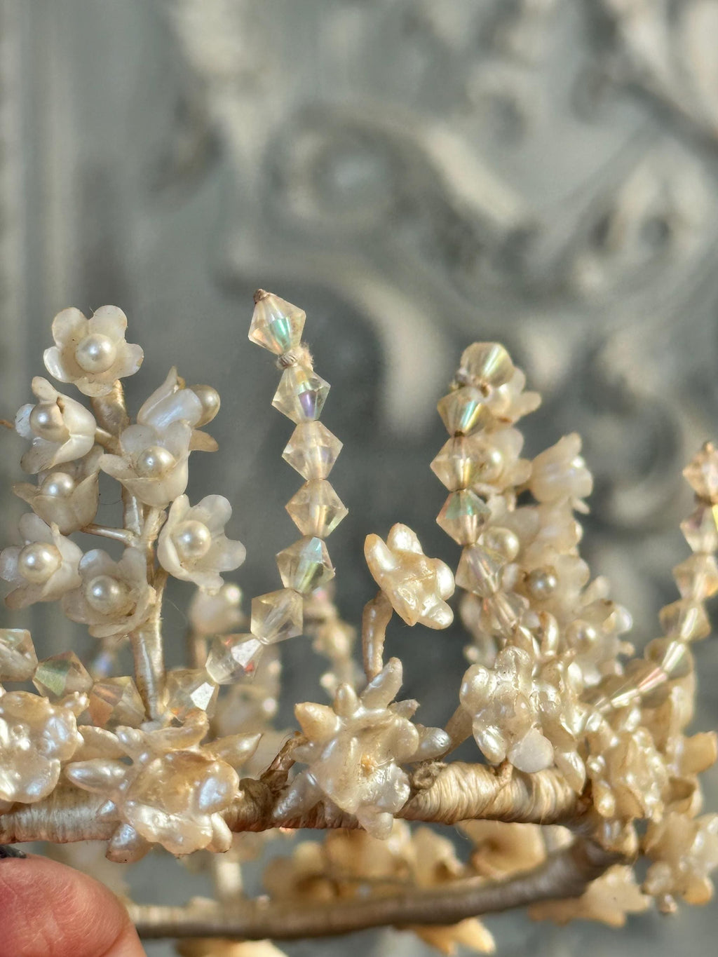 1910s 1920s Wax Elegant Handcrafted Pearl and Crystal wedding Tiara
