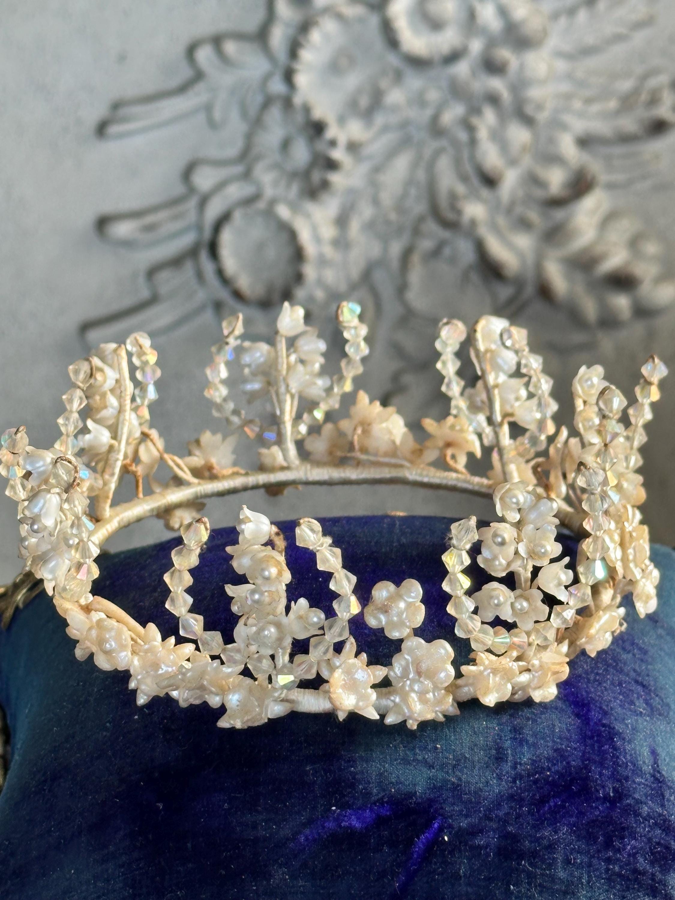 1910s 1920s Wax Elegant Handcrafted Pearl and Crystal wedding Tiara