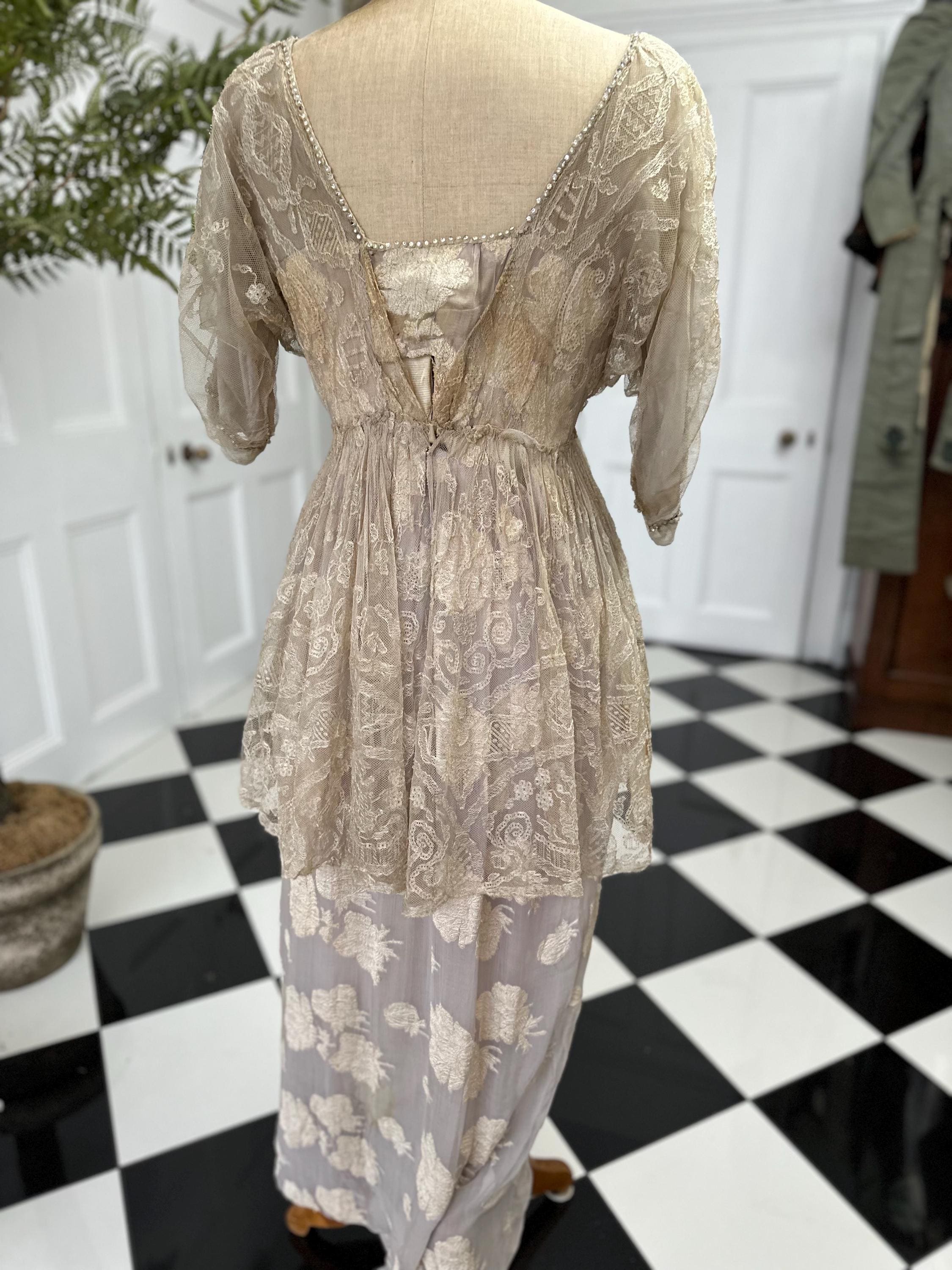 Edwardian Lace & Silk Dress: Titanic Style Rhinestone Trim, UK 8/10