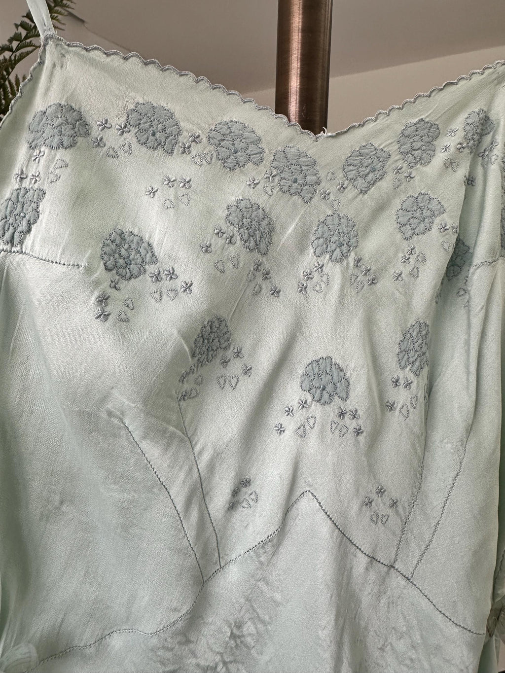 1940 Pale blue slip dress hand embroidery details