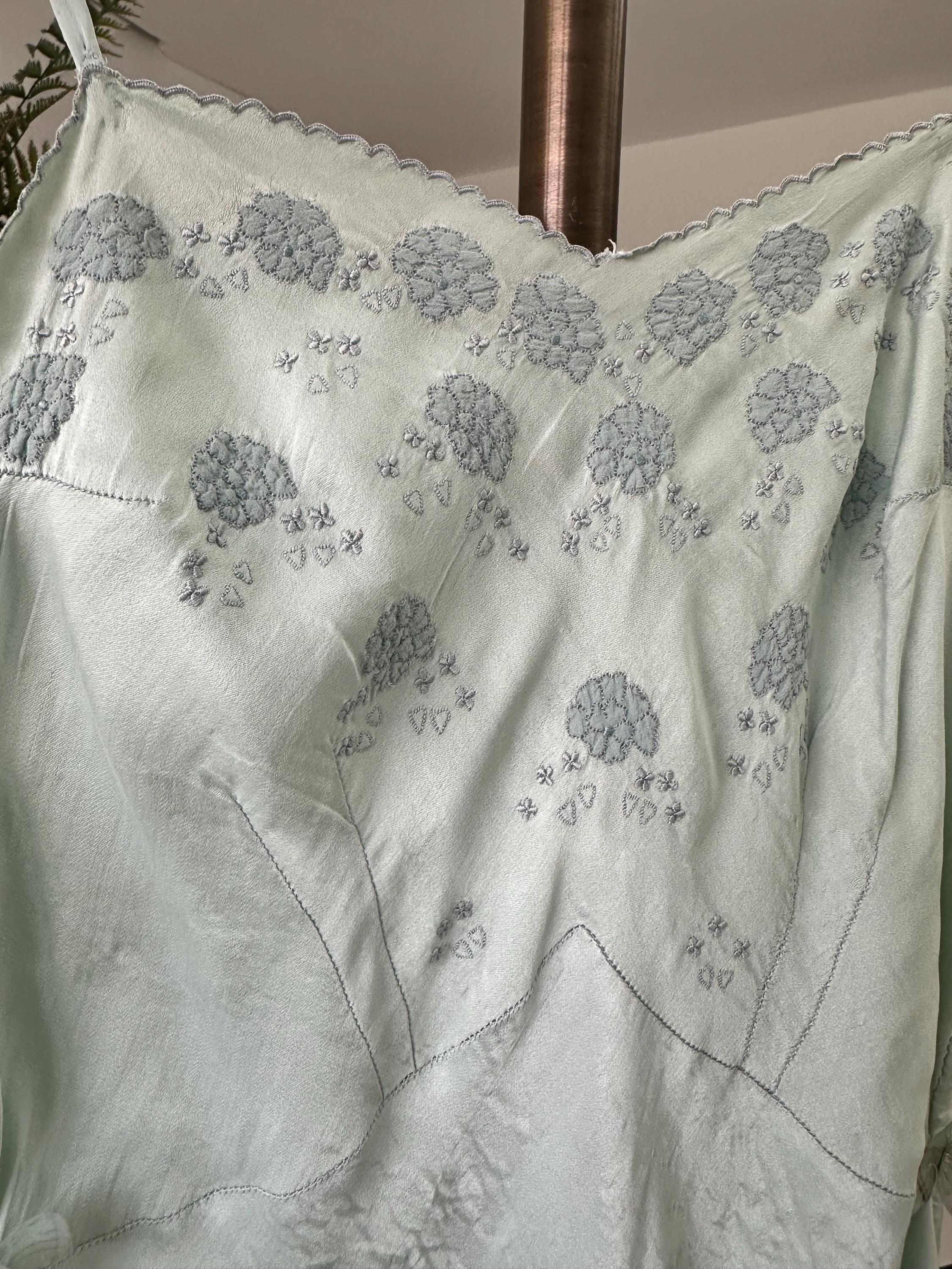 1940 Pale blue slip dress hand embroidery details
