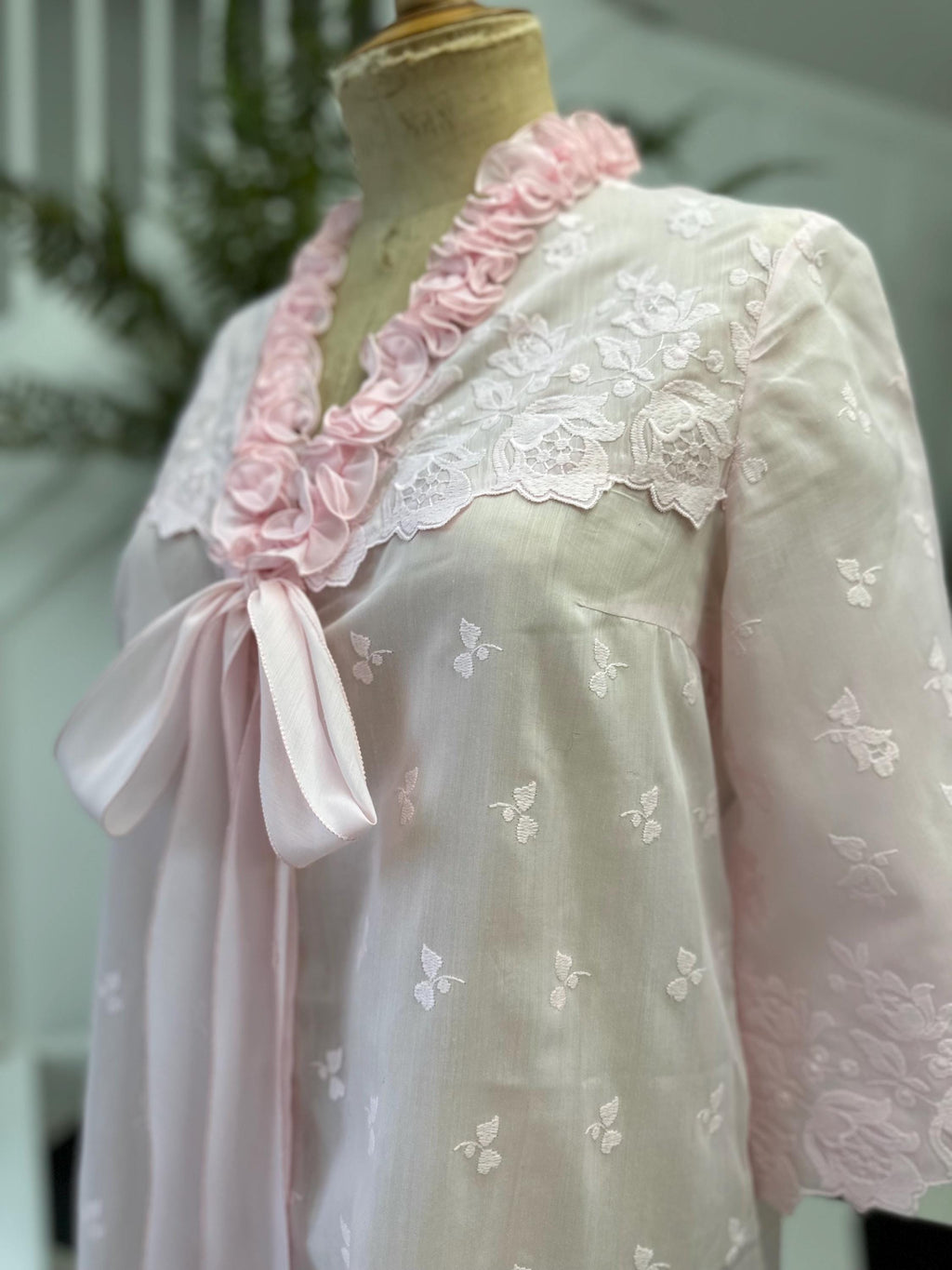 Vintage 1970 Pink Babydoll Gown Playful Ruffles Floral Embroidery