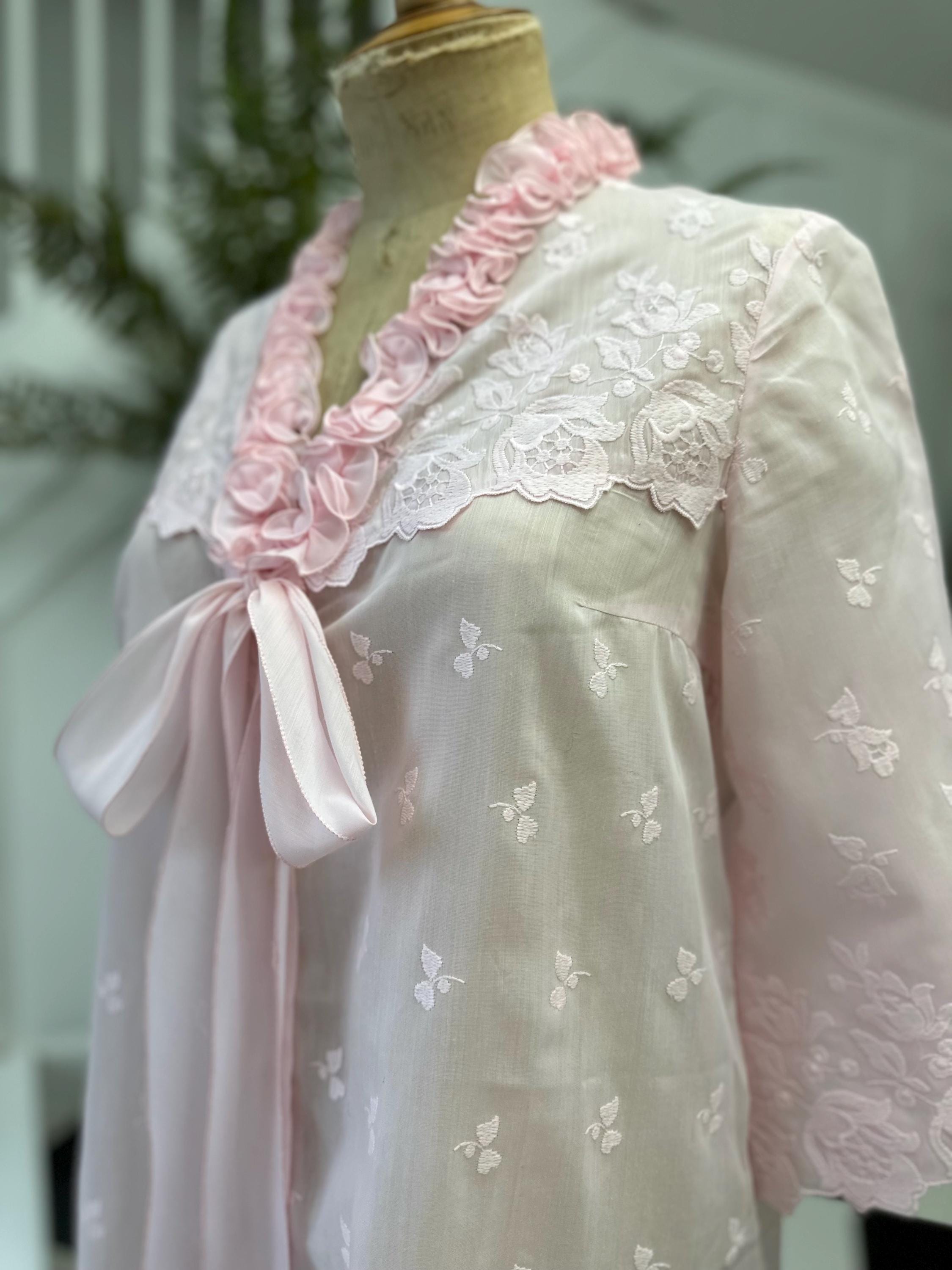 Vintage 1970 Pink Babydoll Gown Playful Ruffles Floral Embroidery