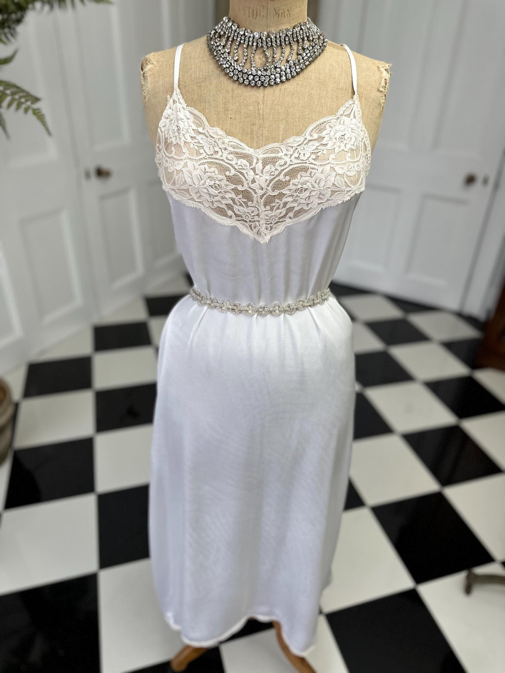 Vintage 1970 Soft White Satin Slip Dress Cream Lace Alluring Design
