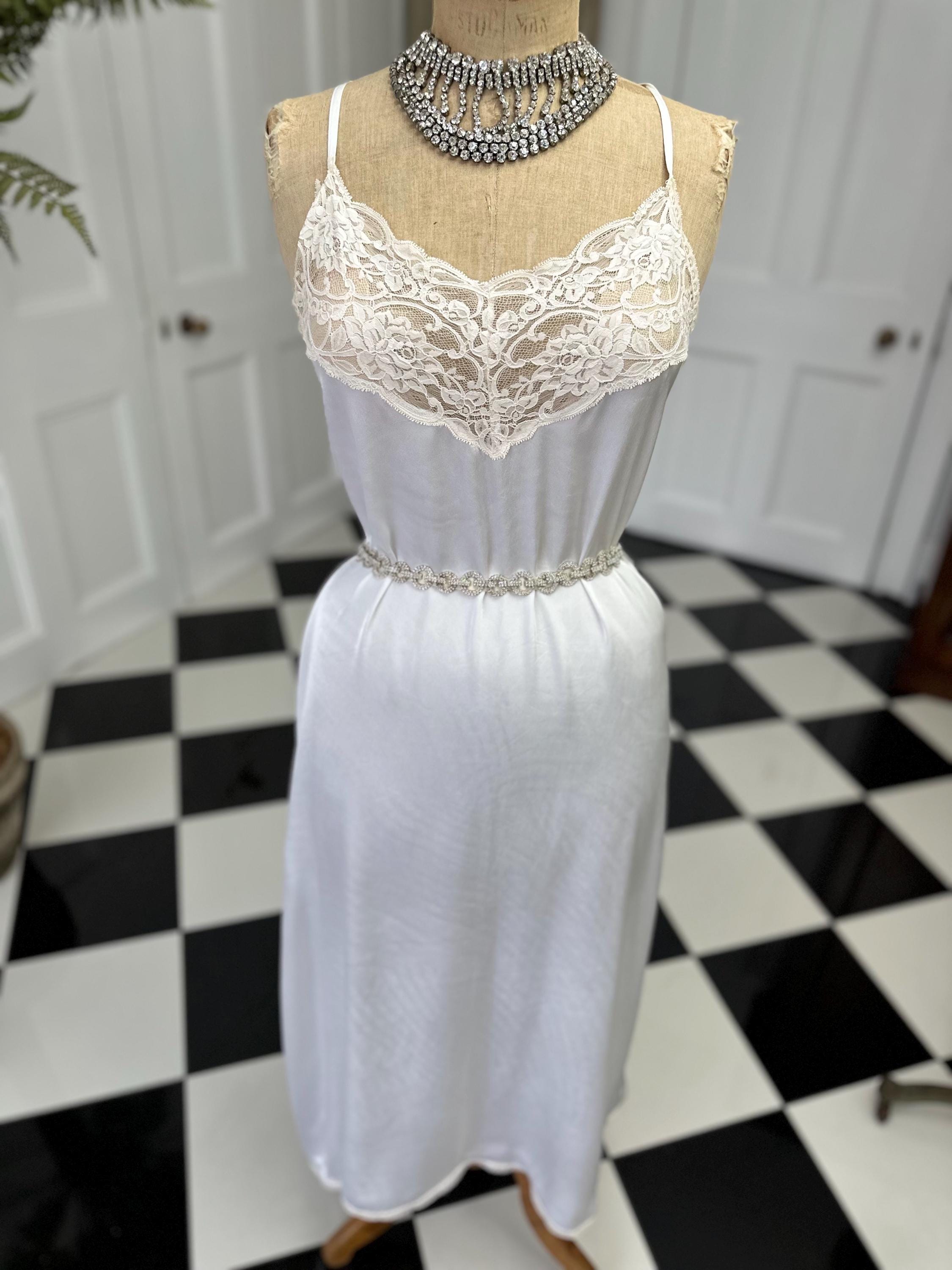 Vintage 1970 Soft White Satin Slip Dress Cream Lace Alluring Design