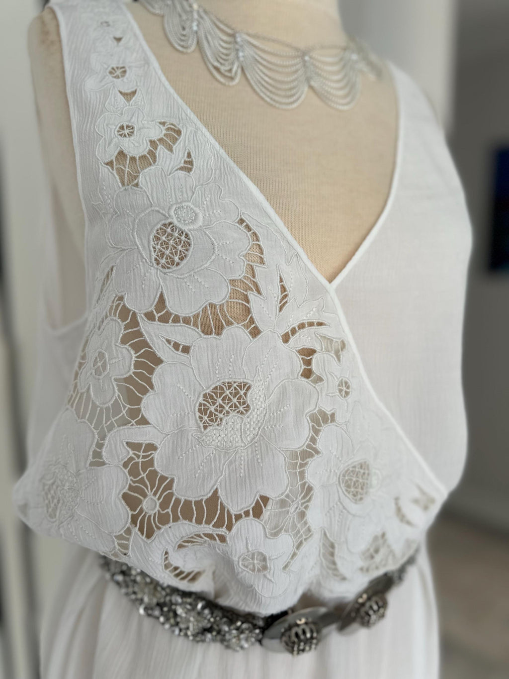 1970s crossover cutout lace white long slip dress