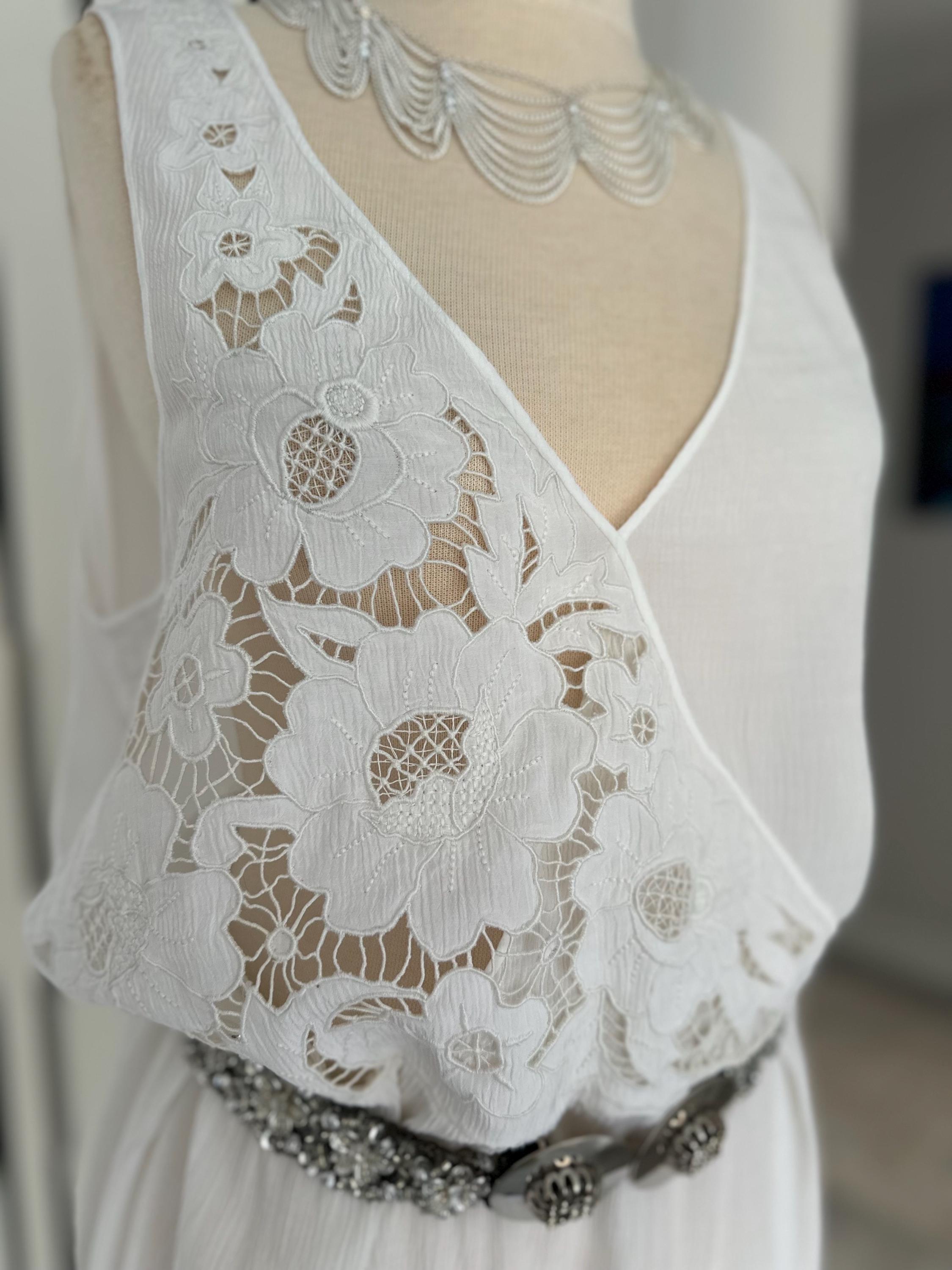 1970s crossover cutout lace white long slip dress