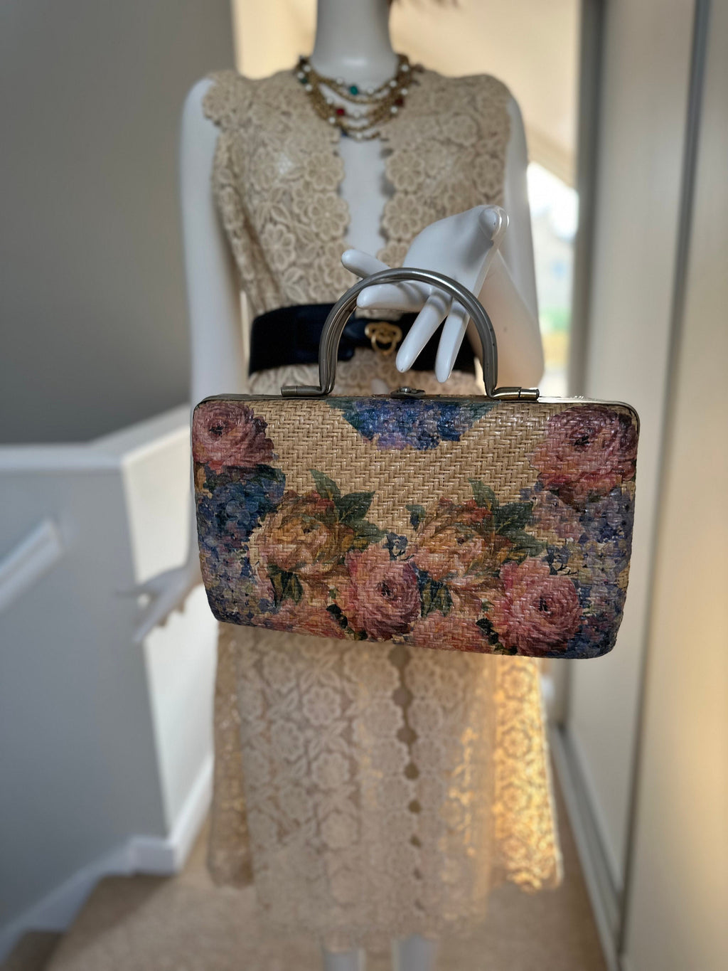 Boho 1970s hessian handbag with floral design