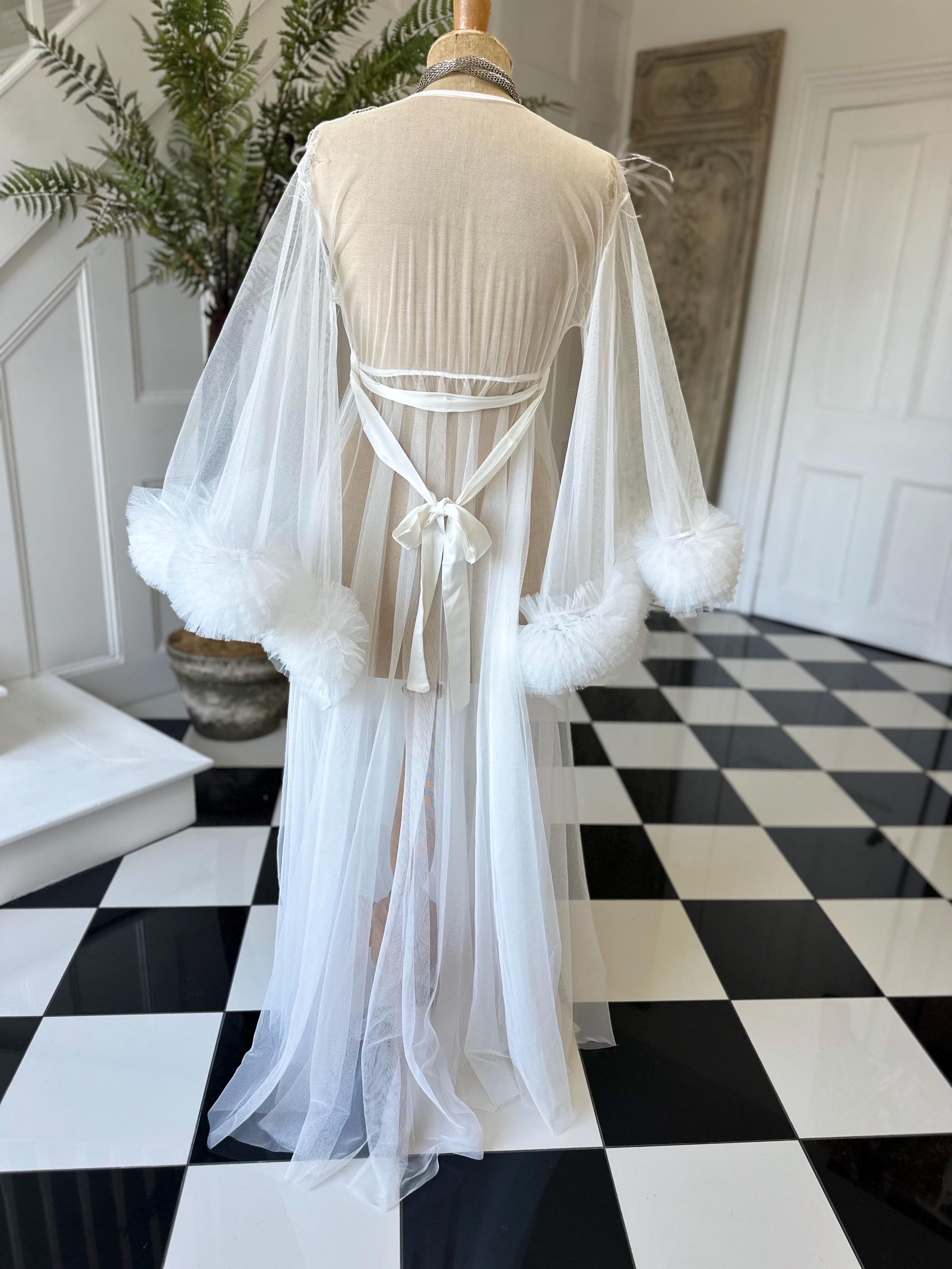 The Aurelia applique 3D floral tulle couture robe with voluminous ruffle sleeves