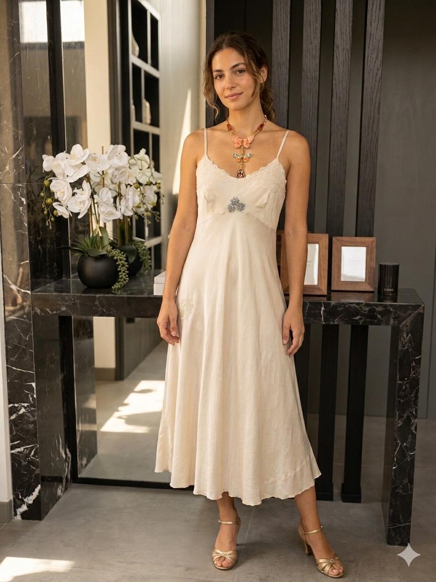 Vintage Silk Slip Dress - Embroidered Ivory silk  Nightgown - 1930s 1940s