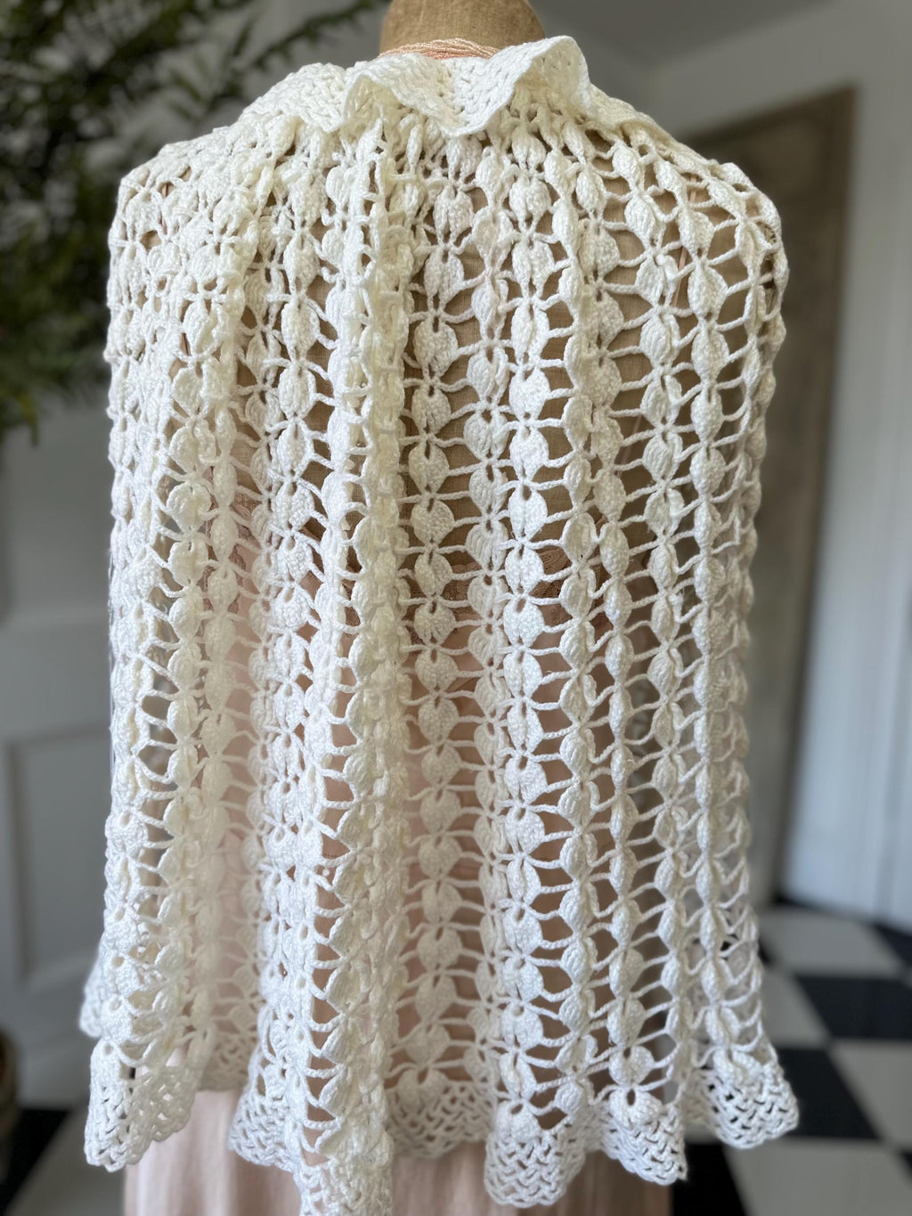 Vintage Off-White Hand Knitted Cape with Ruffle Neckline  and Pom Poms
