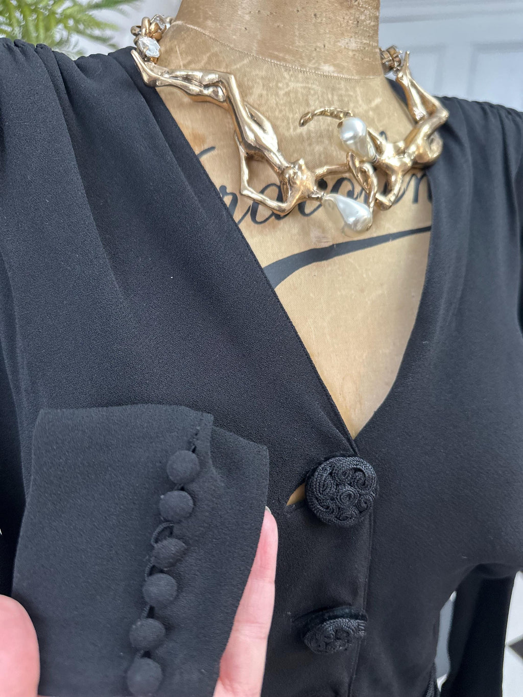 Chic 1940s Black Georgette Dress Embroidered Buttons and Matching Belt set