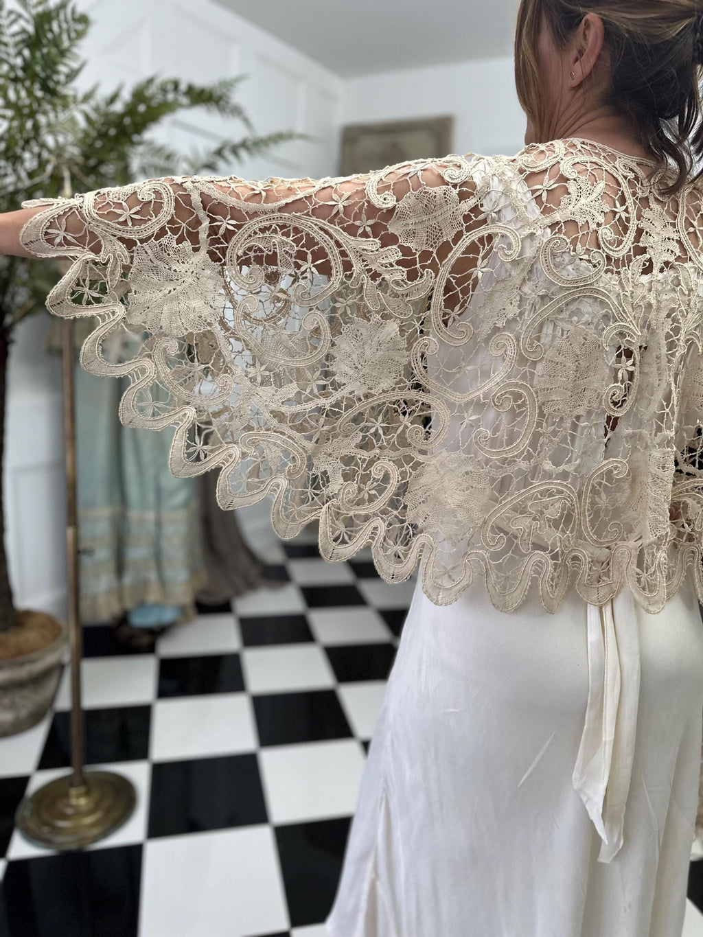 19th Century Cream Bobbin Lace Cape: Sage Green Silk Ribbon, Cotton