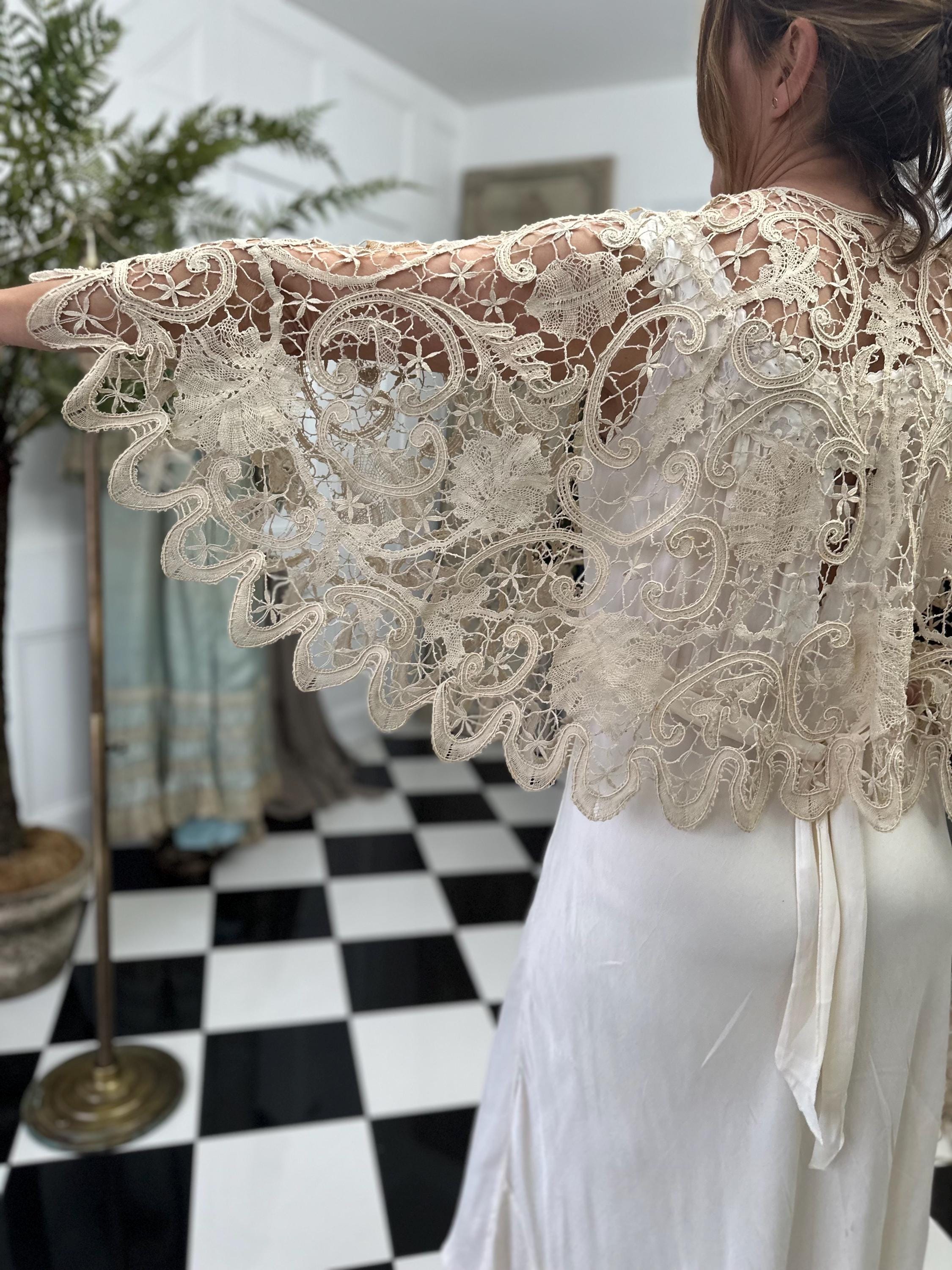 19th Century Cream Bobbin Lace Cape: Sage Green Silk Ribbon, Cotton