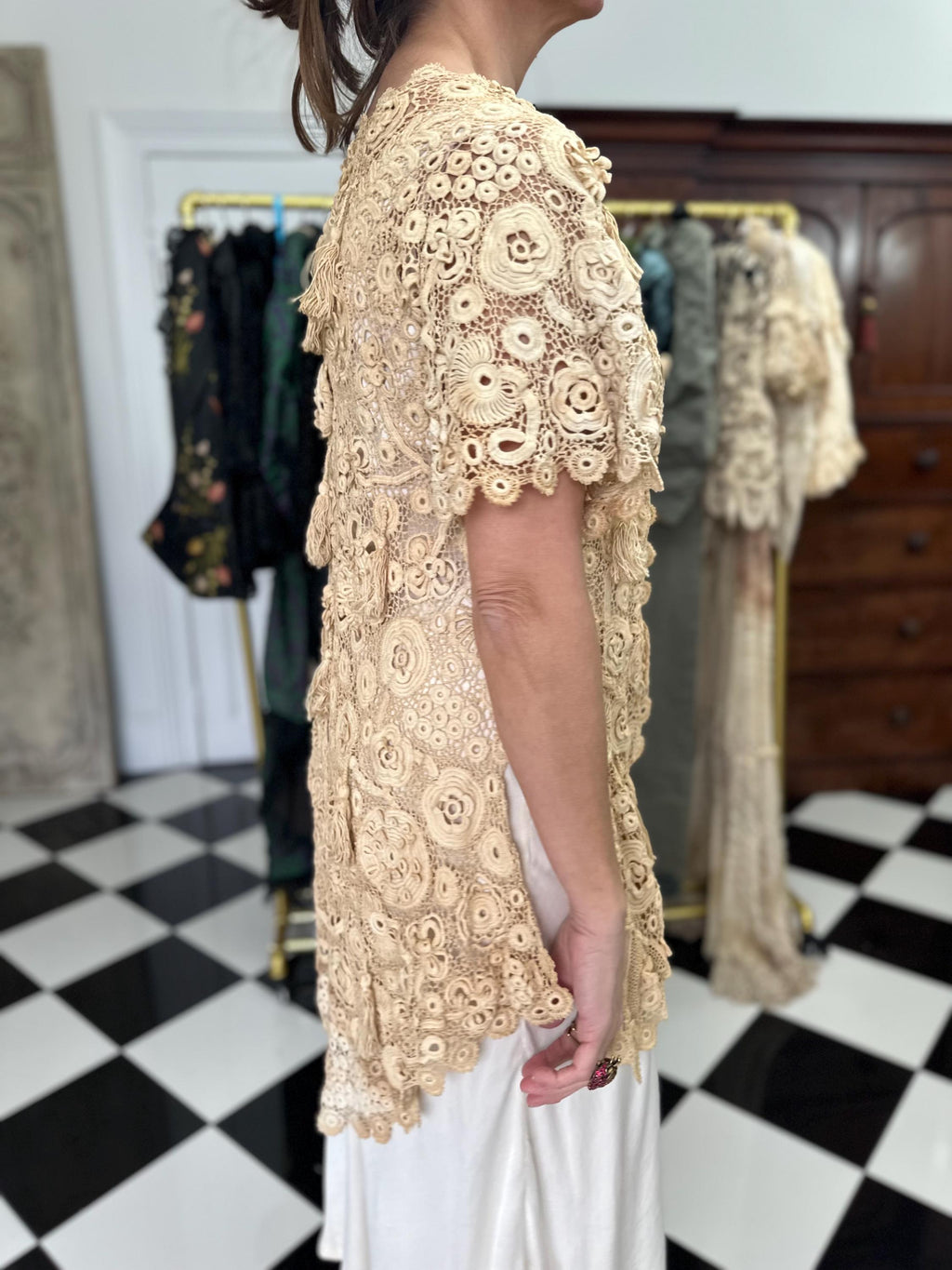 Vintage Irish Crochet Long Jacket Cardigan Intricate Handcrafted Beauty