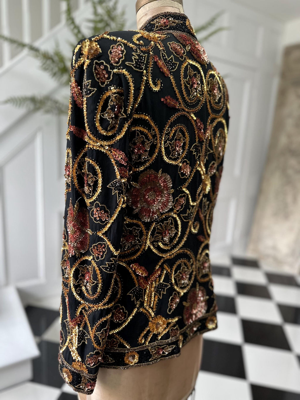 1990s Silk with bronze and gold  sequin long sleeve jacket