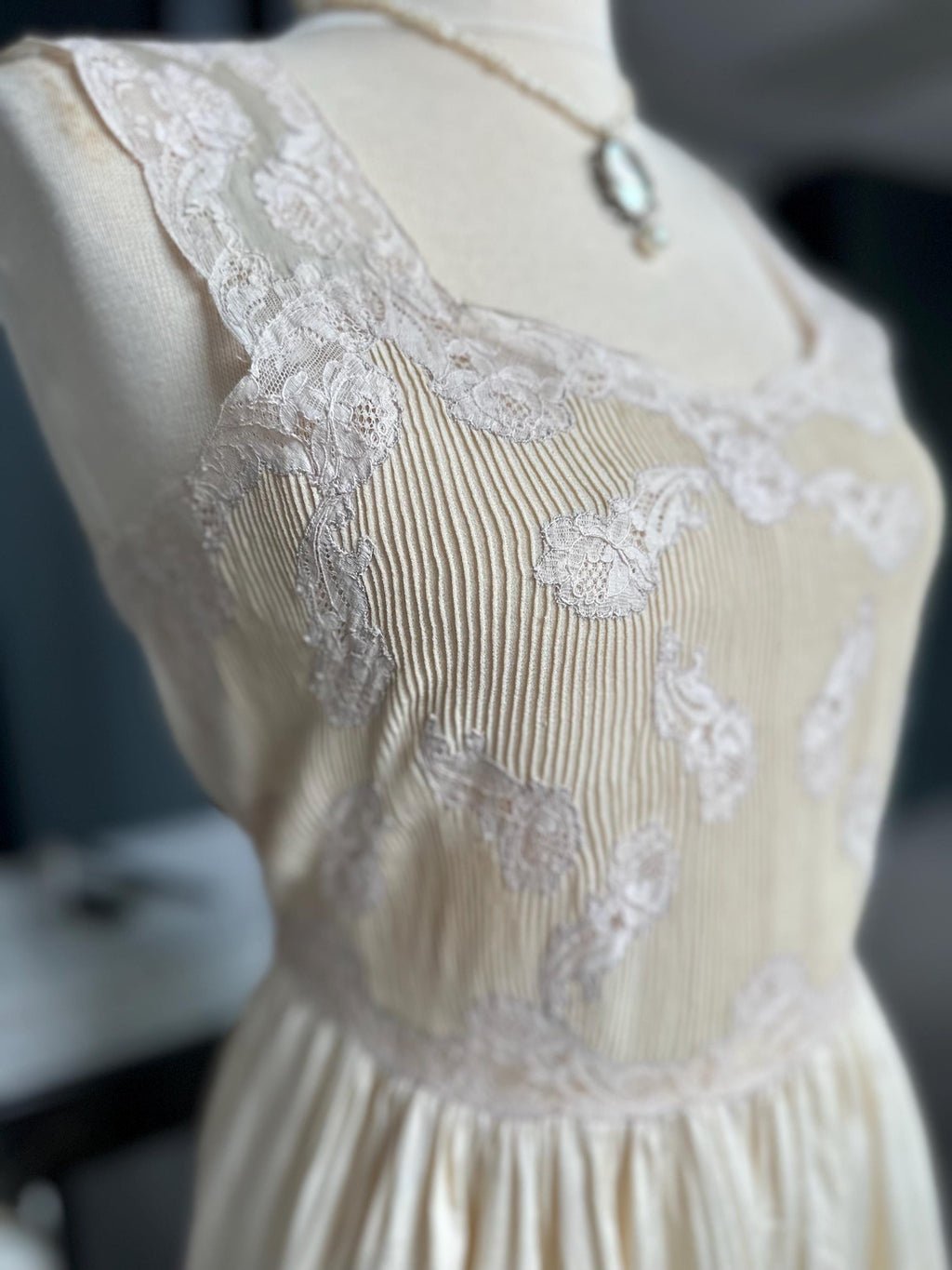 1930s Liquid Silk Maxi Gown: Antique Lace, Embroidery, Old Hollywood Style