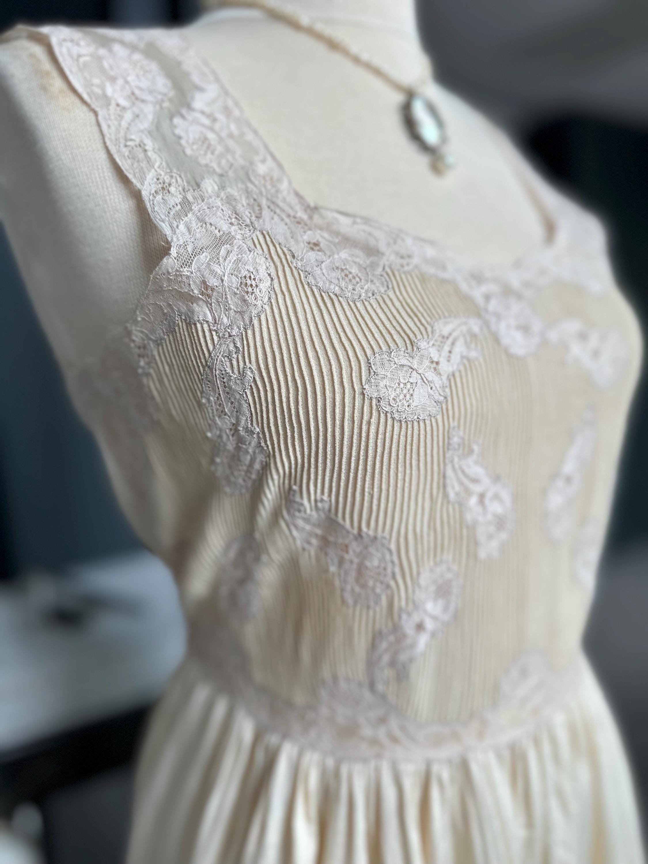 1930s Liquid Silk Maxi Gown: Antique Lace, Embroidery, Old Hollywood Style