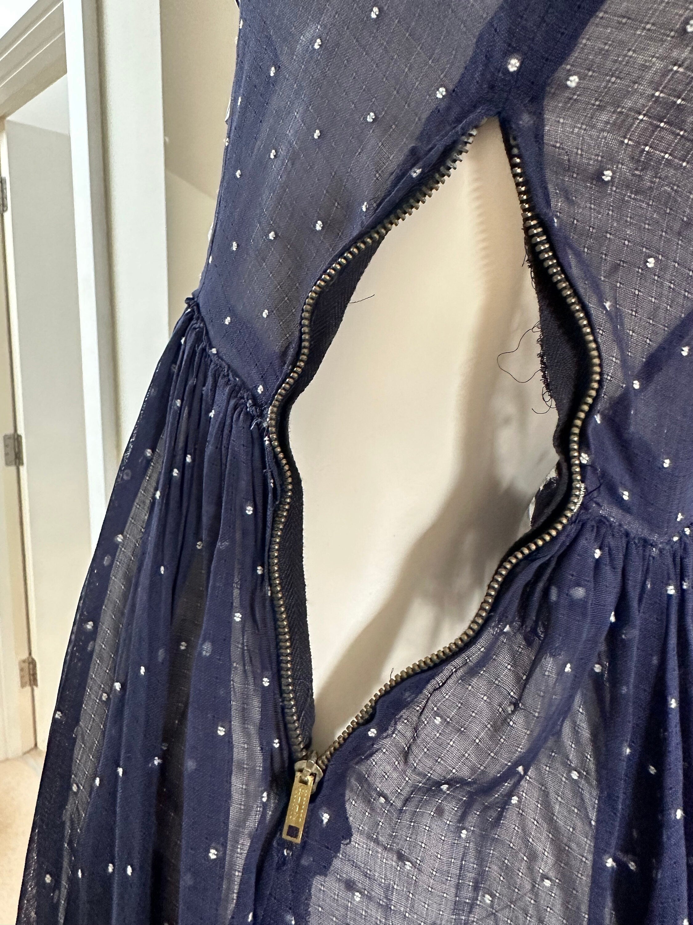 1940s Muslin Navy and white polka dot full skirt dress with extra large collar