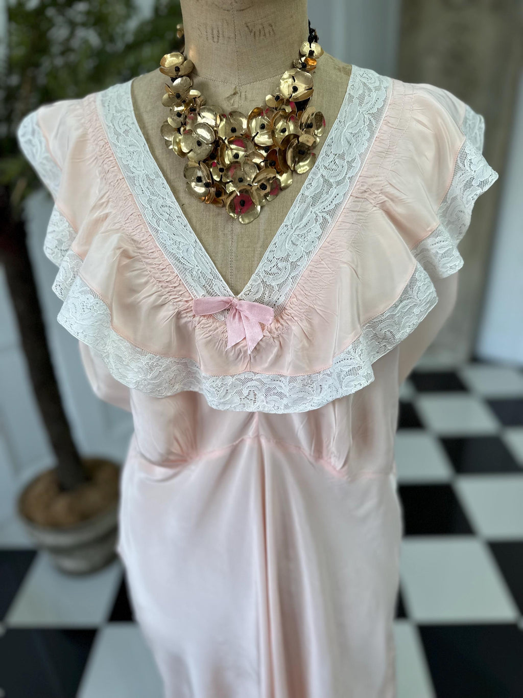 1930s Pale Pink Slip Dress: Vintage Bias Cut with Cream Lace