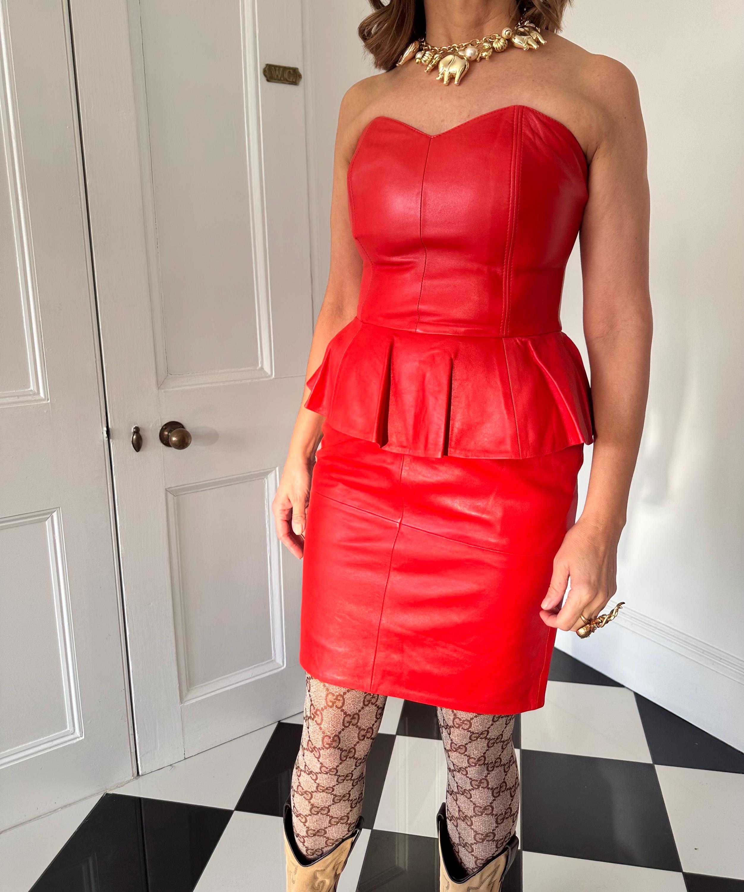 Vintage red 1980 genuine leather strapless  Dress with  peplum