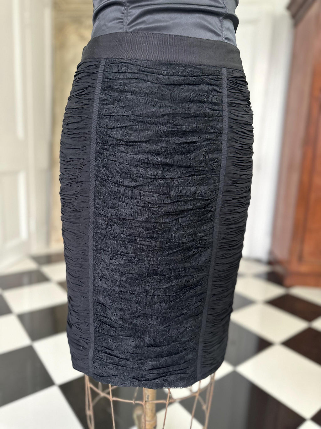 Vintage Y2K Style ruched black lace pencil skirt