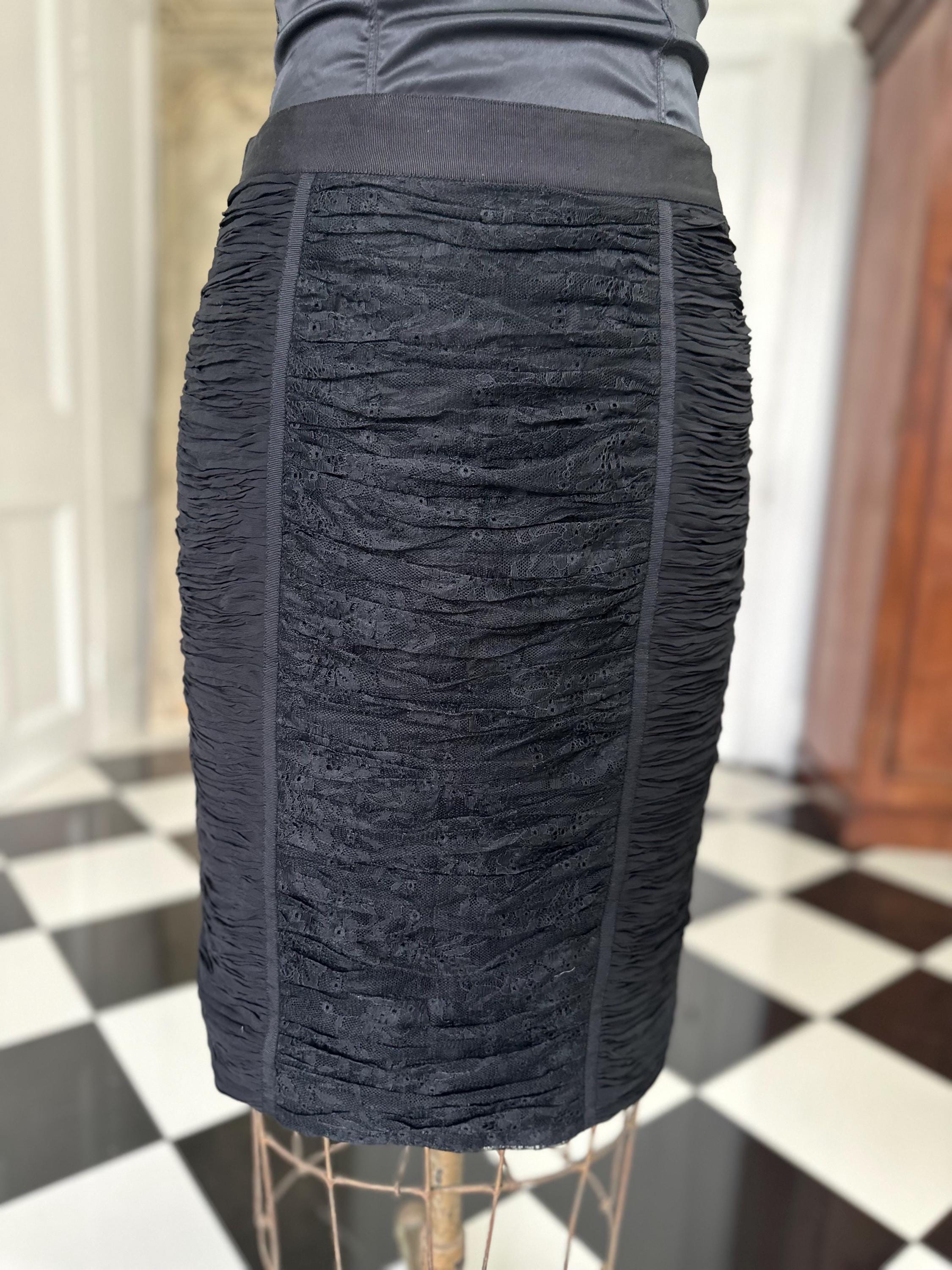 Vintage Y2K Style ruched black lace pencil skirt