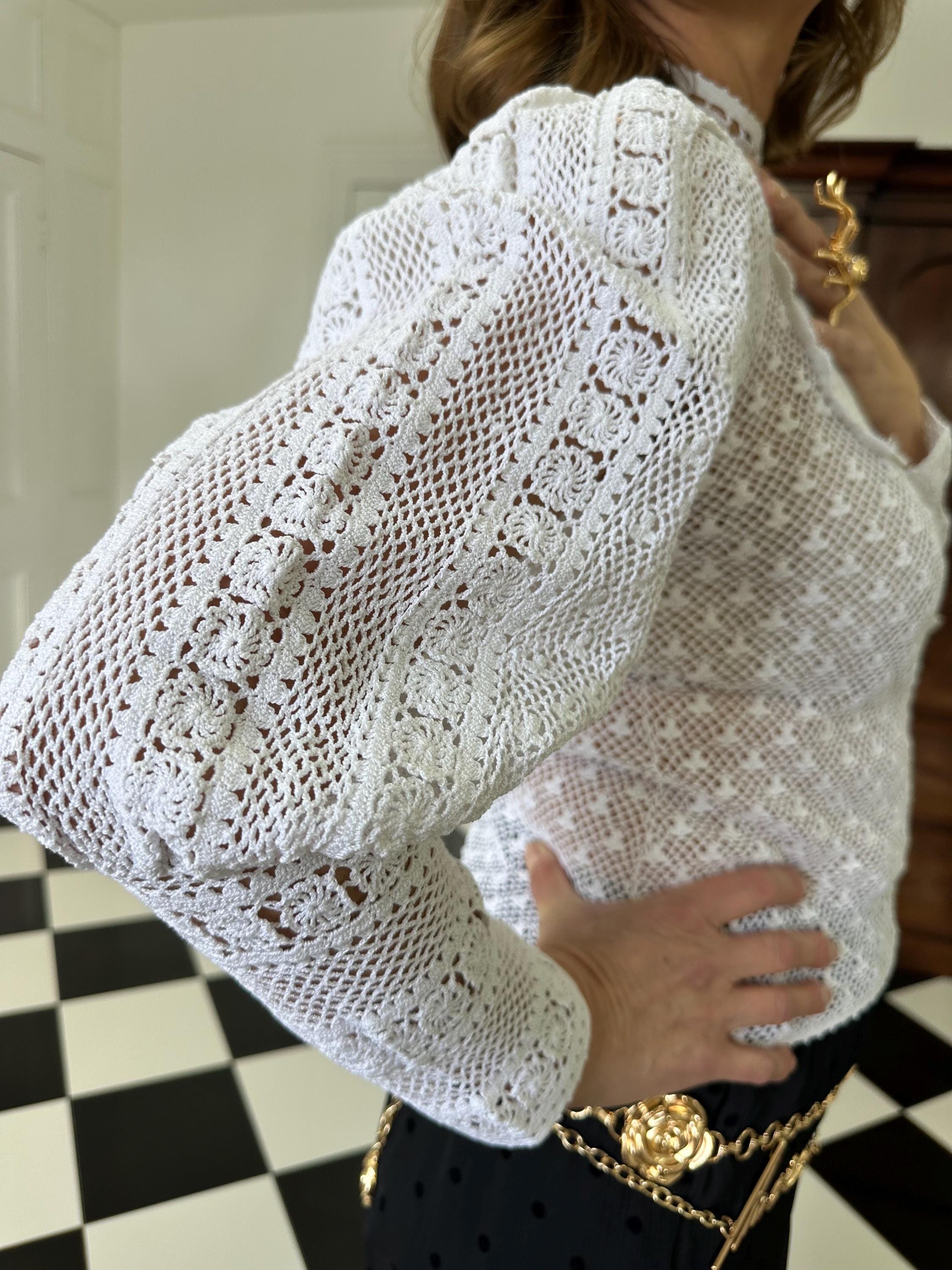 Vintage 1970s hand crochet white  Victorian style mutton sleeve blouse