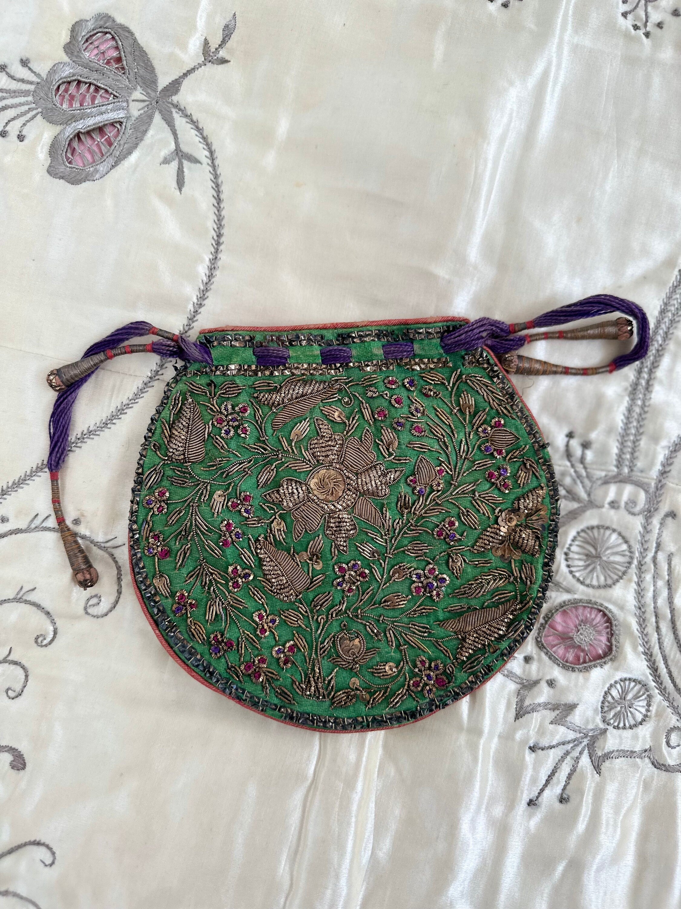 Antique Zardozi Purse: 19th Century Emerald Green Satin Coin Purse