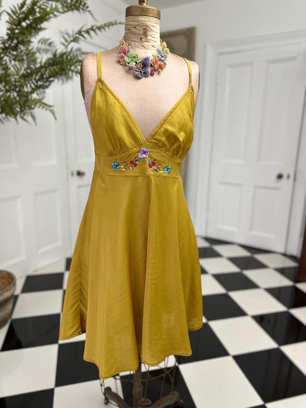 Vintage Mustard Cross Back Silky Mini Slip Dress